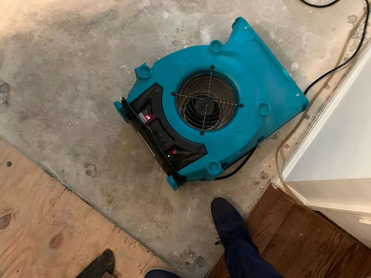 Air mover drying subfloor during Leak Detection & Repair in White Oak